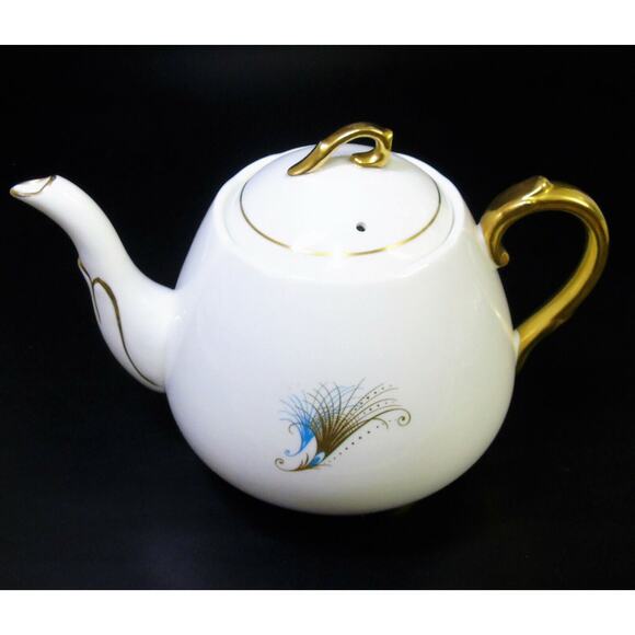 VTG Windsor England c1950 Porcleain TEAPOT Caribbean Gold Blue Peacock MCM - Picture 2 of 12